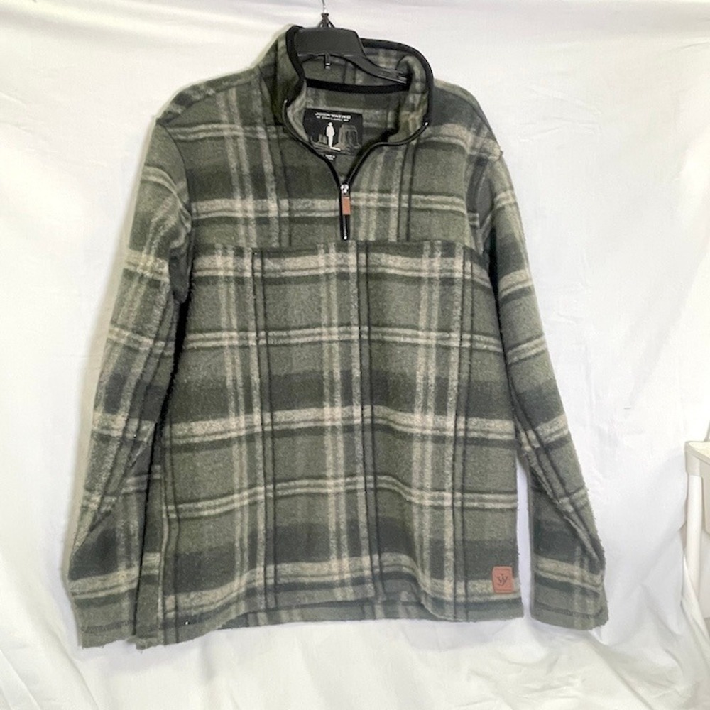 John Wayne Stock Supply Plaid Half Zip Fleece Pullover Men's Size M Green‎ Tan